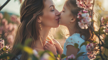 portrait of mother parent kissing her child on mothers day - obrazy, fototapety, plakaty