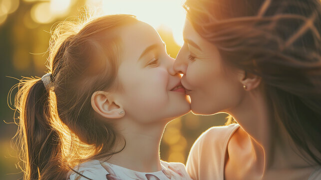 portrait of mother parent kissing her child on mothers day
