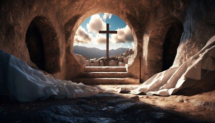 Depiction of Jesus Christ Ressurection on Easter - Tomb of Jesus Christ - Redemption of Jesus - obrazy, fototapety, plakaty