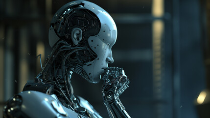 Naklejka premium printed circuit board with processor robot, artificial intelligence ai concept visualization technology neuron background