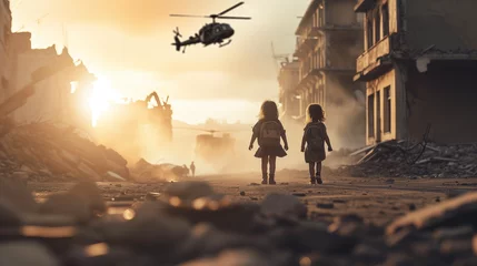Fotobehang children kids walking in the destroyed war postapocalyptic city with helicopter flying above them © PiTeRoVs