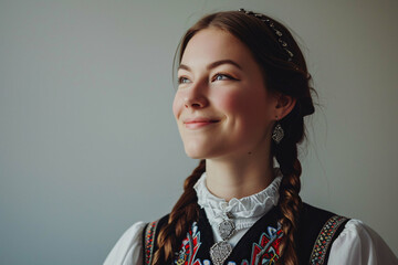 portrait of a woman, Danish woman in traditional Bunad, silver brooches, smiling, Traditional Danish Attire, Copyspace for text