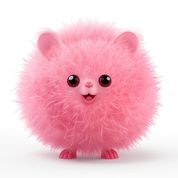 pink puff ball character with beady eyes and tiny ears and face
