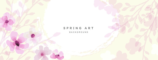 Spring artistic background. Wallpaper in watercolor style with blooming branches, flowers and leaves. Vector abstract pastel background for banner, poster, web, packaging