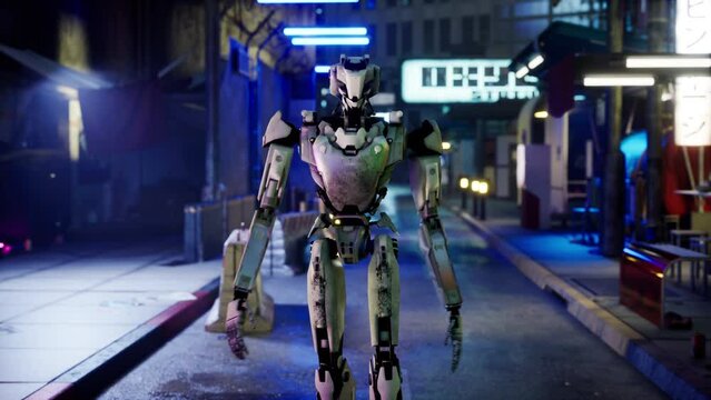 robot walking along a street in a big city. humanoid AI robot crossing street. 3d animation. future automation job.