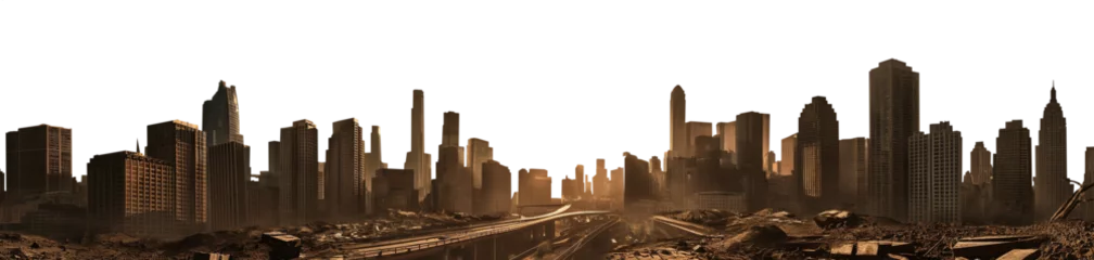 Fotobehang vast post apocalyptic city skyline sunset silhouette - premium pen tool cutout - city with tall buildings and skyscrapers - debris and destruction - wide panoramic  angle © Mr. PNG