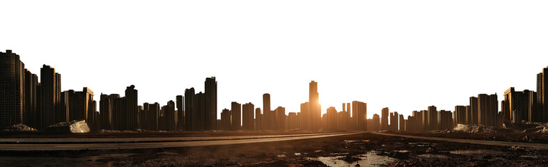 vast post apocalyptic city skyline sunset silhouette - premium pen tool cutout - city with tall buildings and skyscrapers - debris and destruction - wide panoramic  angle - obrazy, fototapety, plakaty