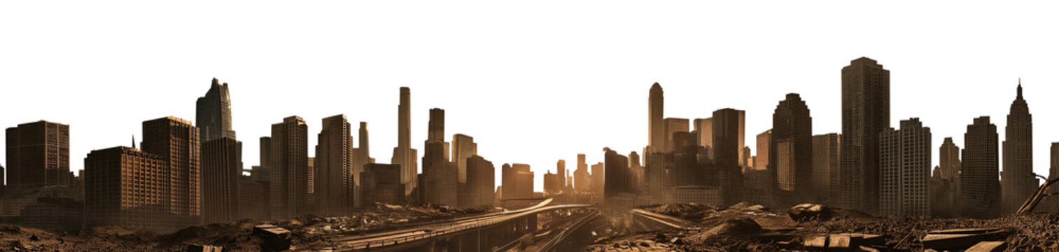 vast post apocalyptic city skyline sunset silhouette - premium pen tool cutout - city with tall buildings and skyscrapers - debris and destruction - wide panoramic  angle