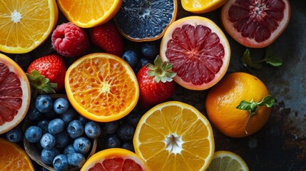 Vibrant assortment of citrus fruits and berries, fresh and full of flavour.