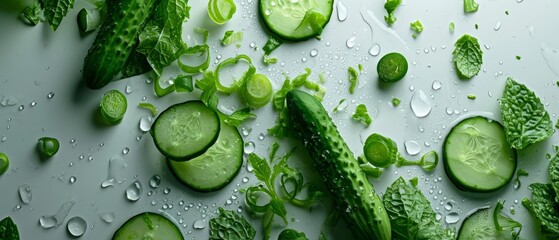 Slices of cucumber spread on a wet chopping board.