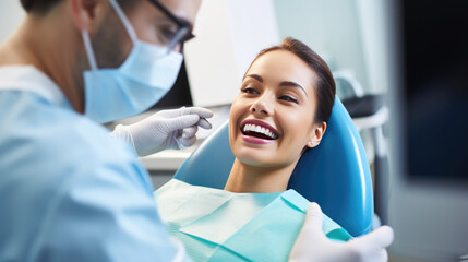 Young woman with a bright smile is in a dental chair during an examination