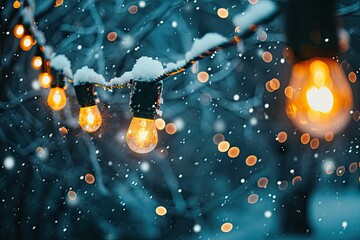 christmas lights hang from a string over a snowy background Generative AI