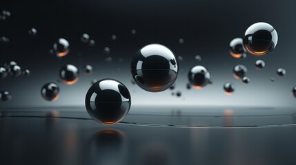 Abstract black spheres on dark background. Futuristic background.