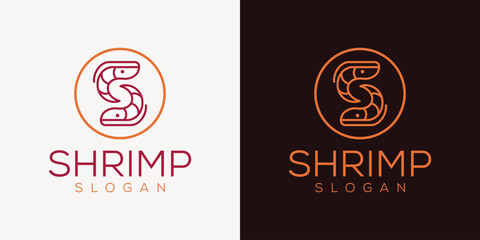 Two shrimps round logo sea animal king prawns linear icon for seafood restaurant - obrazy, fototapety, plakaty