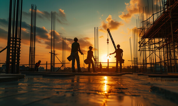 
Silhouette Construction Worker Concrete Pouring During Commercial Concreting Floors Of Building In Construction Site And Civil Engineer Or Construction Engineer Inspect Work