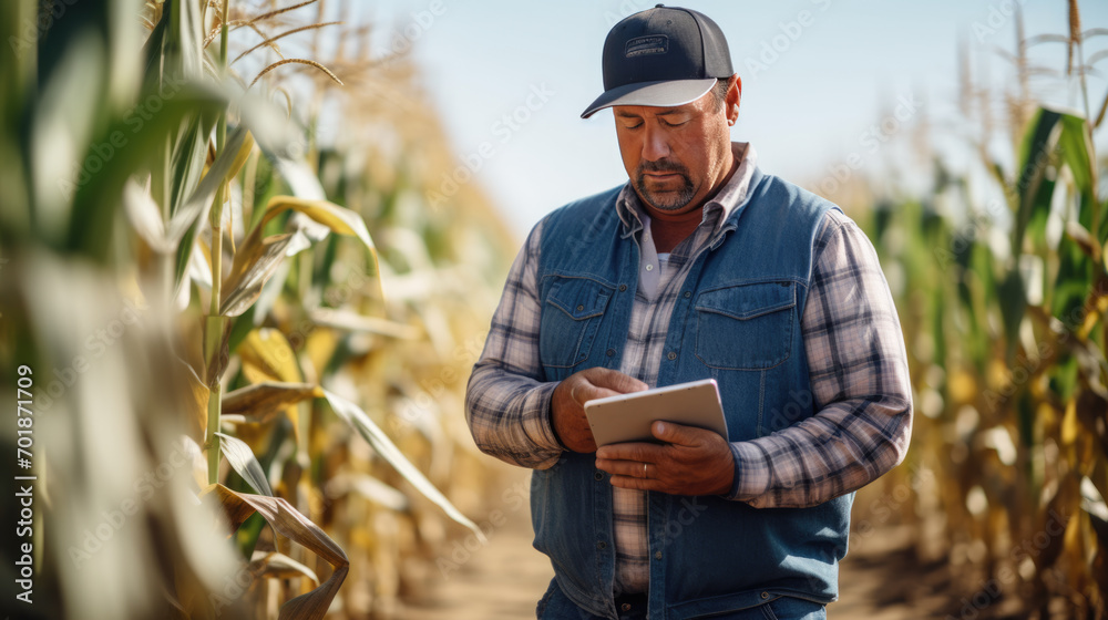 Poster man using a tablet in a cornfield, likely engaged in modern agricultural management or research.