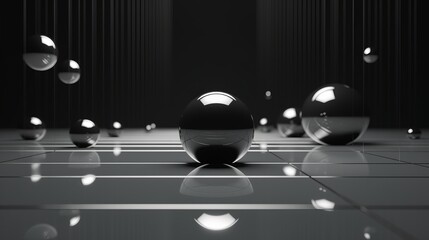 Abstract black spheres on dark grey background. Futuristic background.