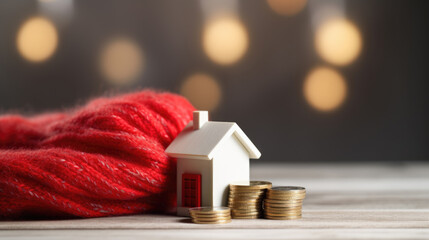 Small white model house is placed next to stacked coins on a wooden surface, with a red fabric background and a blurred backdrop - obrazy, fototapety, plakaty