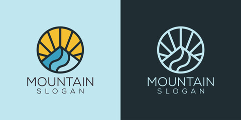 colorful Mountain landscape logo with sun sunset or sunrise logo design ideas - obrazy, fototapety, plakaty