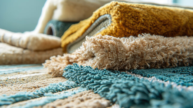 Assortment of fluffy rugs for warm flooring. Samples of soft bedside mats, wallpaper for background of home goods and textiles store.