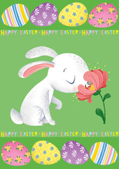 easter bunny with painted eggs and flower