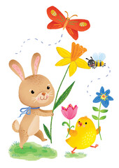 easter bunny and chicken with spring flowers, butterfly and bee