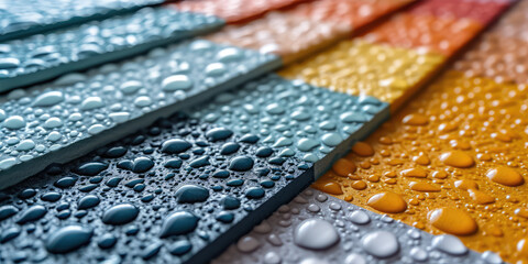 Closeup assortment of waterproof Tactile PVC tiles. Banner background for a construction store of building and renovation products. - obrazy, fototapety, plakaty