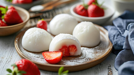 Delicious Japanese Asian dessert on white table. White mochi made of white rice flour and filled with fresh strawberries berries.