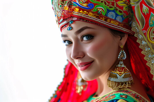 portrait of a Russian woman, Russian Woman in Colorful Sarafan, russian traditional attire, cultural photography