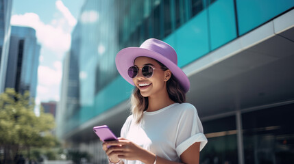 Cheerful woman in a summer outfit holding a smartphone in her hand