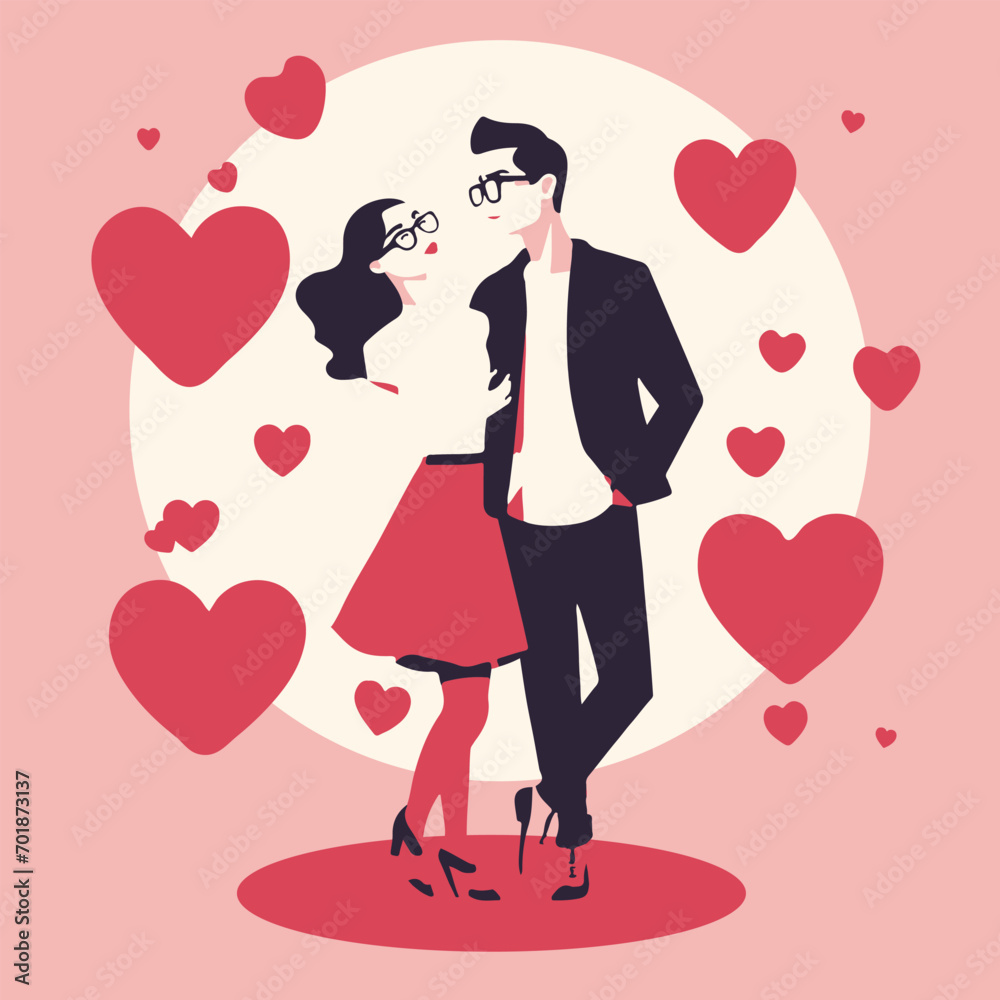 Wall mural A romantic couple in love together, for Valentine's Day, for Valentine's Day, hearts are depicted around them, a minimum number of colors are used. Vector illustration.