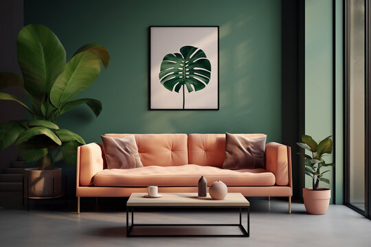 Green living room with peach color velvet couch, stylish interior design, generative ai