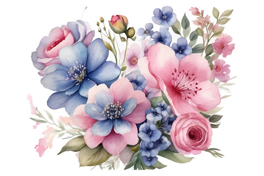 AI generated watercolor bouquet. watercolor flowers and leaves illustration for wedding, greetings, stationary, wallpapers, fashion, background. rose, blossom, olive, green leaves, Eucalyptus etc