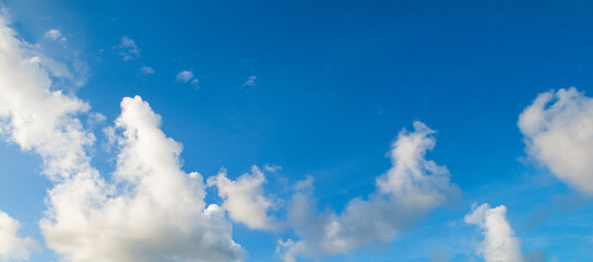 Cumulus clouds and blue sky. Wide photo.
