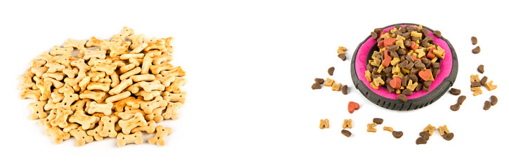 Dry food and biscuits for dogs isolated on white . Collage. Wide photo. Free space for text.