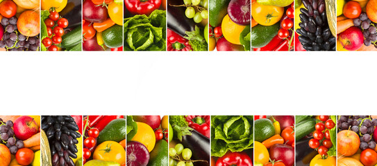 Set of vegetables isolated on a white. Collage. Wide photo. Free space for text.