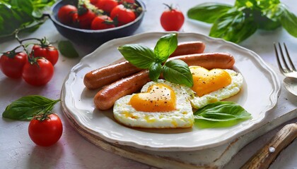 Romantic breakfast with heart shaped fried eggs, sausages, basil and tomatoes on white plate. Valentines day concept
