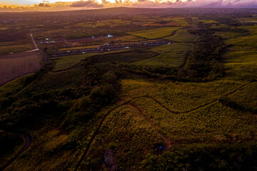 Aerial view of sunrise from a hill near Trois Mamelles mountain which is located on Mauritius island
