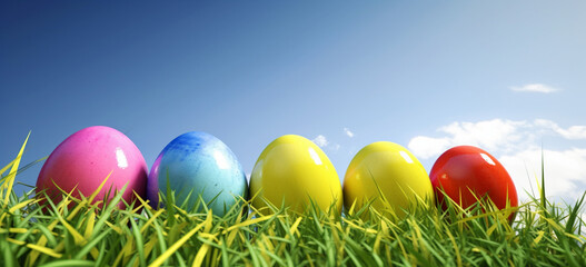 Fototapeta na wymiar Colorful Easter Eggs with grass and sky, Generative AI