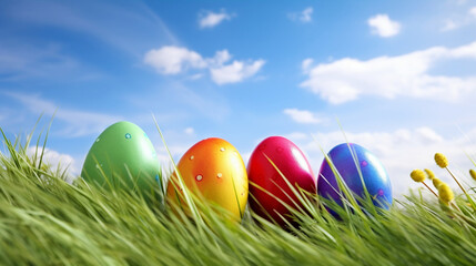 Colorful Easter Eggs with grass and sky, Generative AI