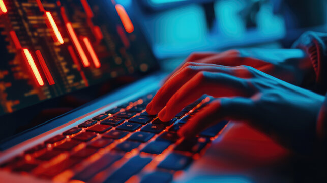 Close-up of a person's hands typing on a backlit laptop keyboard with a screen displaying what appears to be a warning or error message