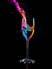Colorful splashes in a glass of wine on a black background
