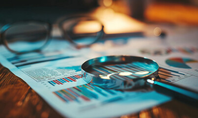 Magnifying glass and documents with analytics data lying on table, selective focus