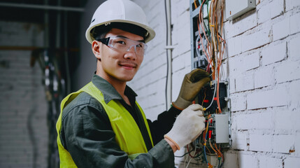 A professional electrician is smiling while working on a complex electrical panel