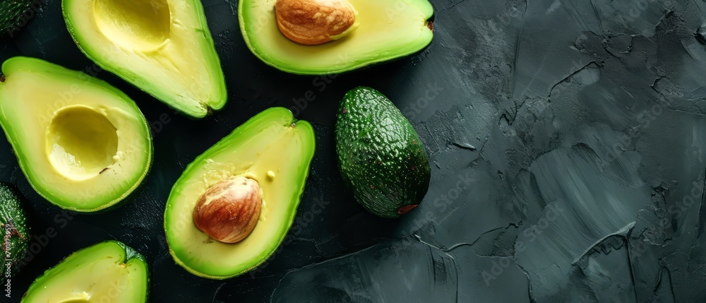 Wall mural Ripe avocados cut open with seeds intact, on a green marble surface.