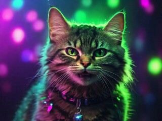 Maine coon cat with green eyes close up portrait in neon light