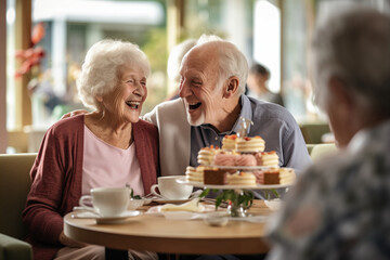 A happy elderly couple celebrating their anniversary in a cafe