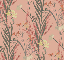 Flowers and leaves in vintage style, seamless pattern.