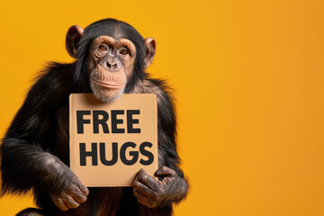 A cute chimpanzee holding a sign saying Free Hugs isolated on a yellow background copy space