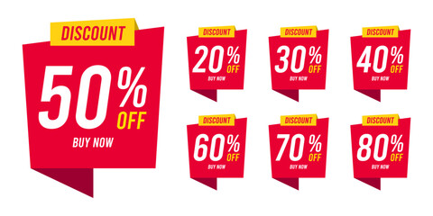 Tag sale discounts from 20, 30, 40, 50, 60, 70, 80, 90 percent. Trendy red sales promotion banner element. Vector illustration